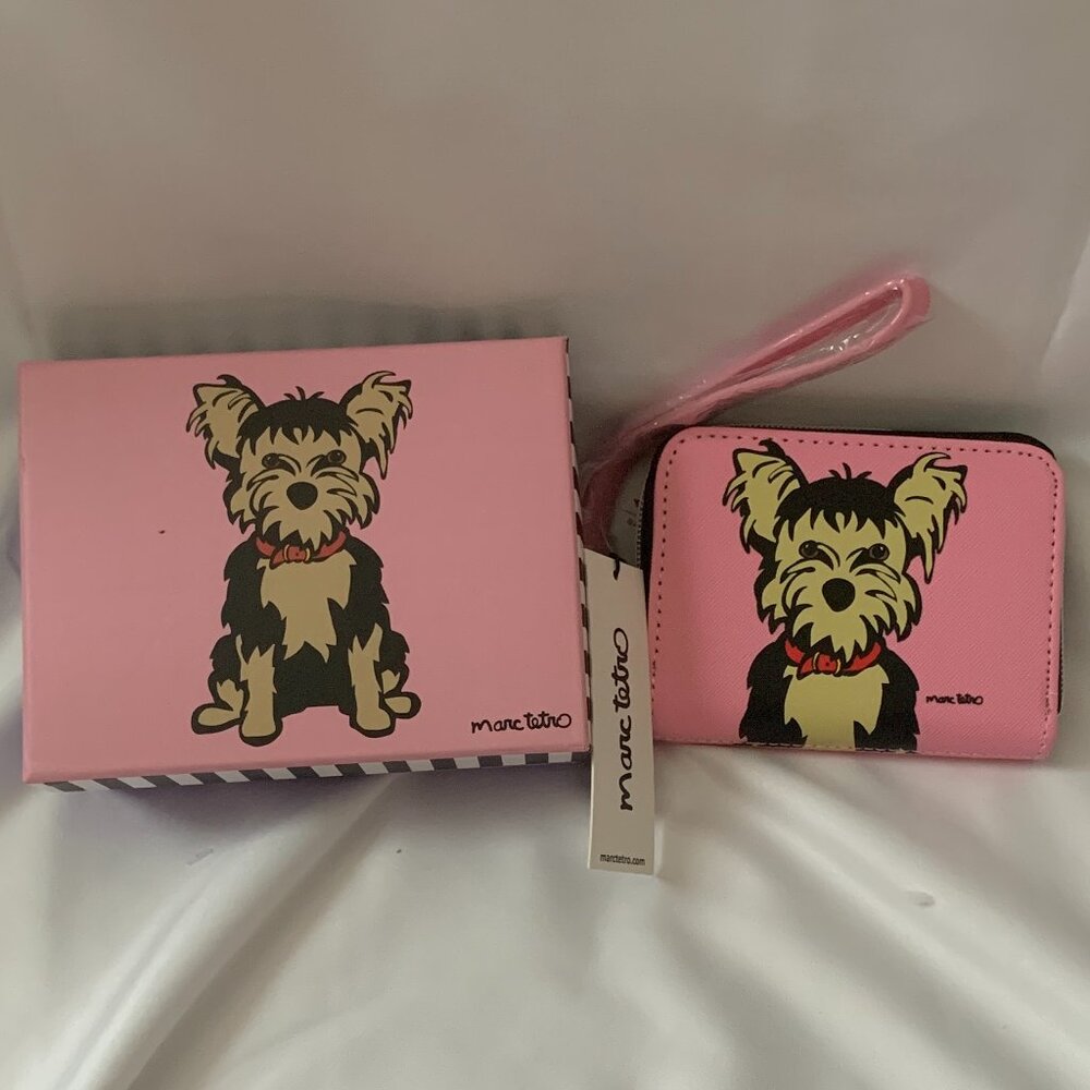MARC TETRO Yorkie Terrier Zip Around Card Wristlet Wallet in Pink/Silver